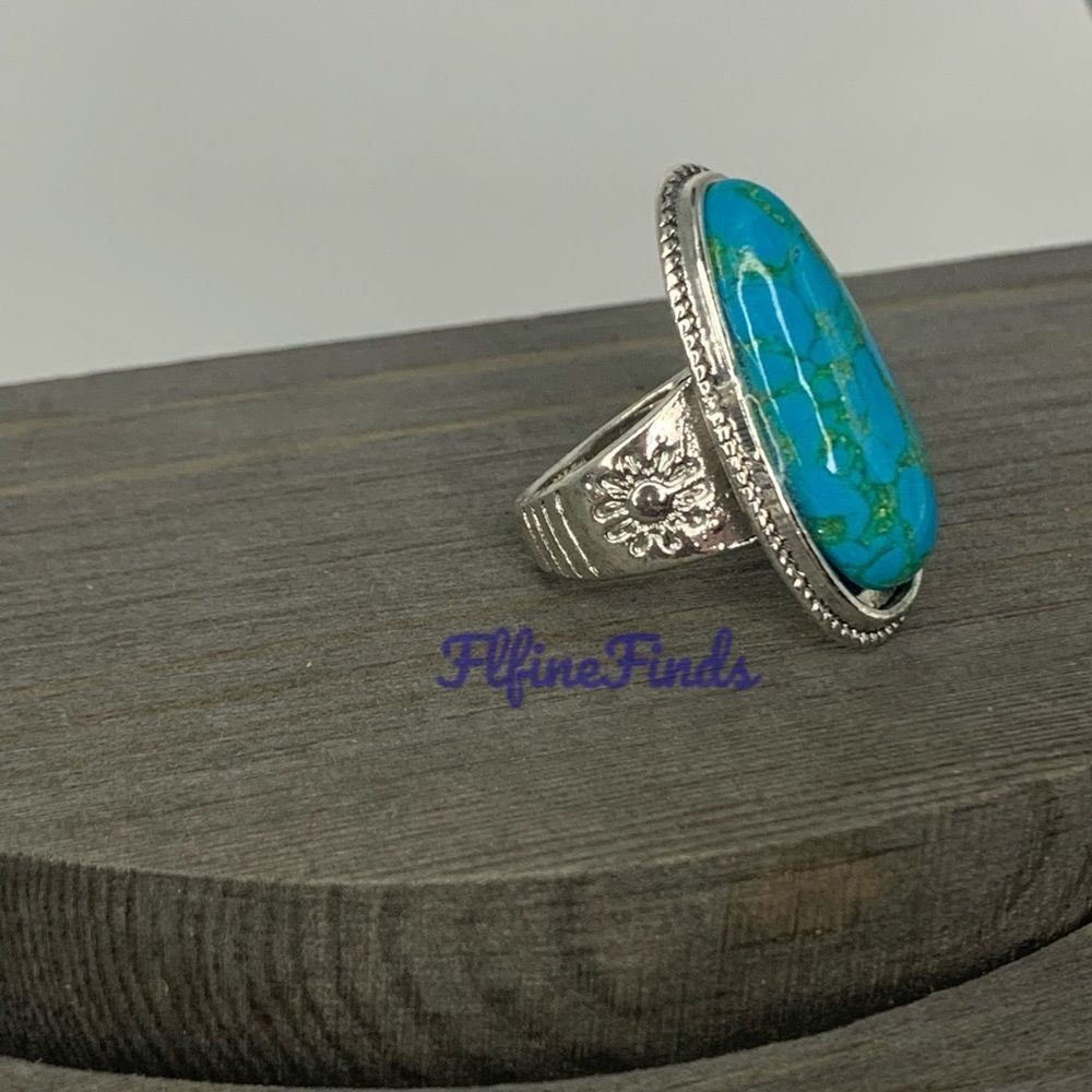 🌞925 Sterling Tibetan Silver Marquis cut Created Turquoise Cabochon Stone Ring - Picture 15 of 16